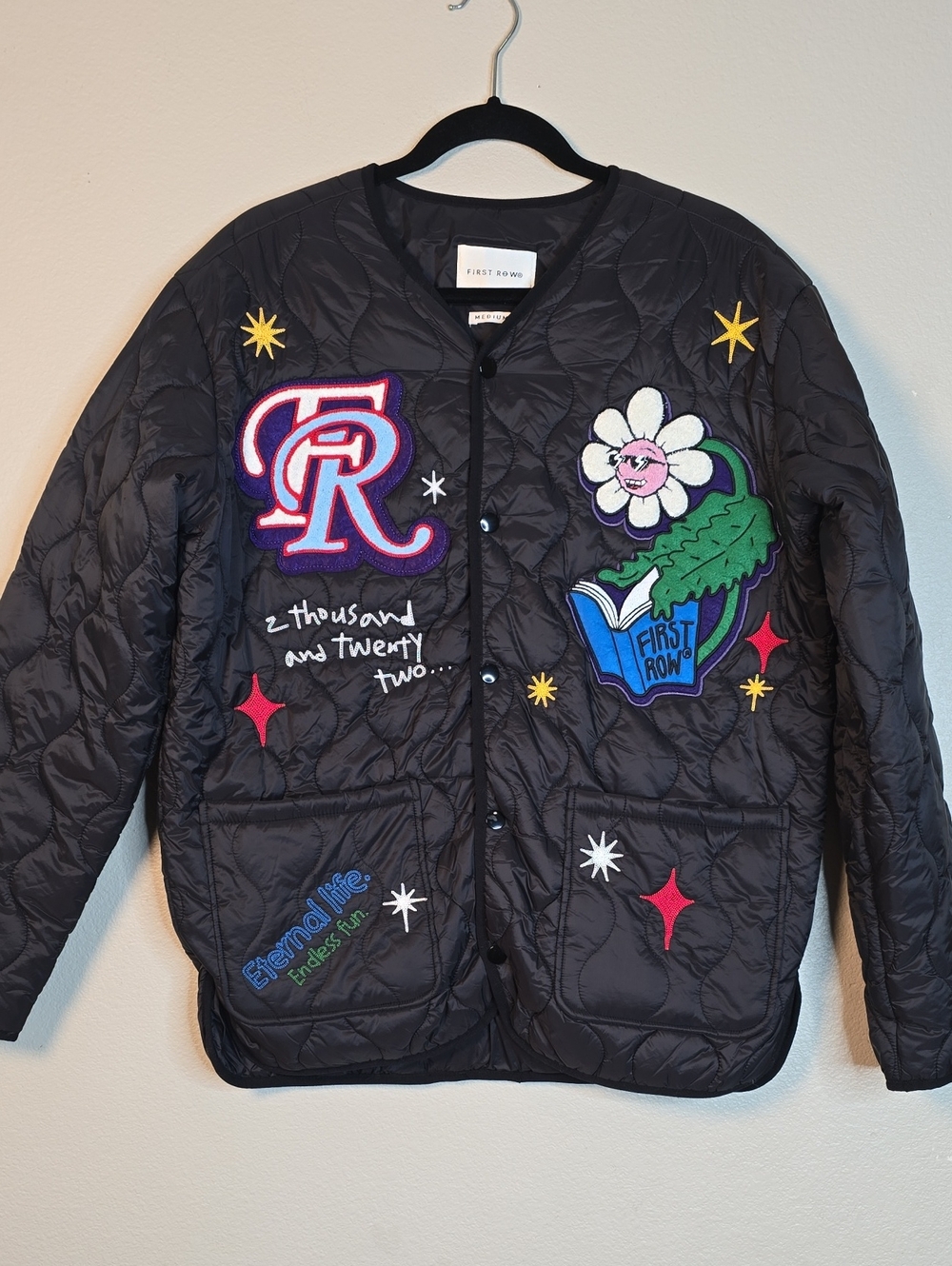 First Row Mens Black Quilted Puffer Jacket with Colorful Patchwork Size M NWOT